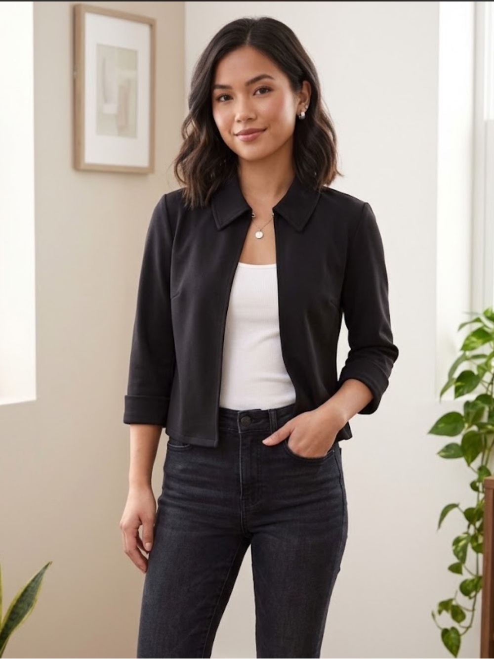 Mixit Petite Black Cropped Jacket with Classic Collar and Front Clasp 0P